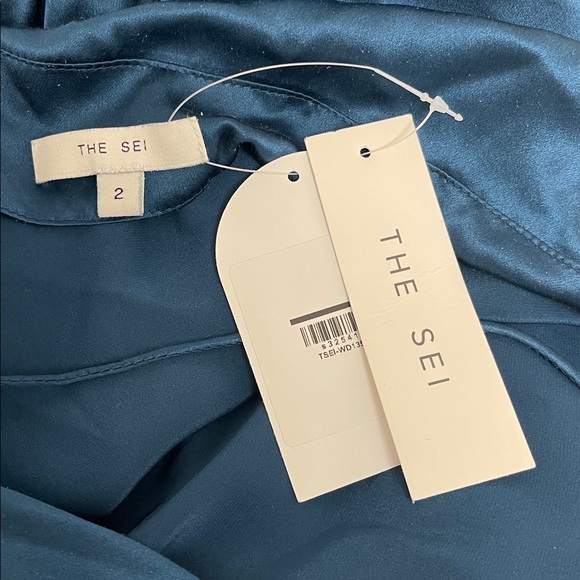 THE SEI Strapped Off Shoulder Silk Ruched Draped Asymmetric Blue Maxi Dress Sz 2 - Picture 8 of 9